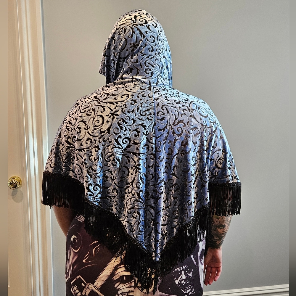 Burnout Velvet Hooded Shawl with Fringe